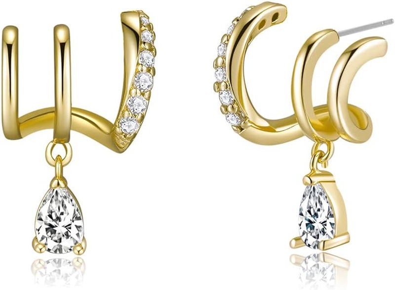 Obidos 14K Gold Plated Triple Huggie Illusion Stud Earrings | Double Huggie Hoop Earrings for One Hole | Gold Hoop Earrings for Women | Drop earrings - Image 1